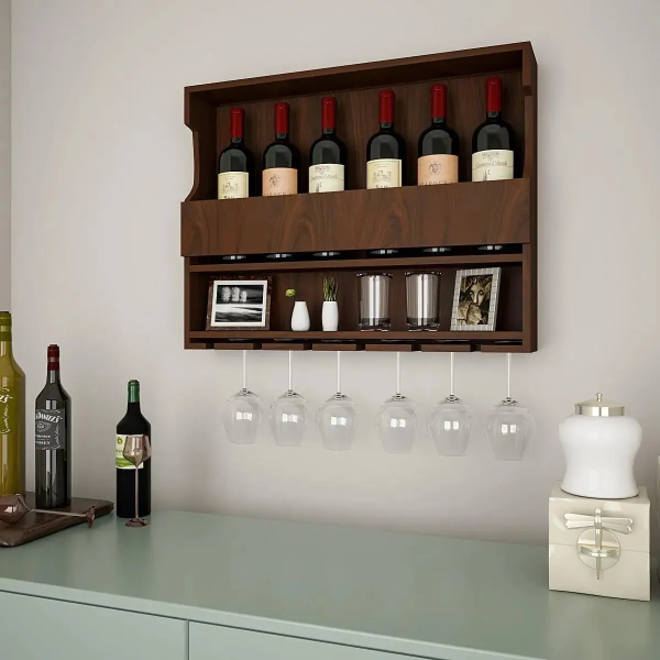 Big Wine And Drinks Decorative Wooden Wall Shelf Mini Bar Cabinet with LED Strong and Wall Hanging in Walnut Finish - Image 4