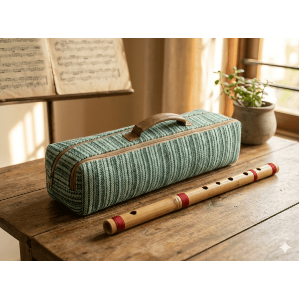 Eco-Friendly Cotton & AF Leather Flute Bag - Green Bansuri Carry Case with 2 Compartments (46cm) - Made in Nepal - Image 3