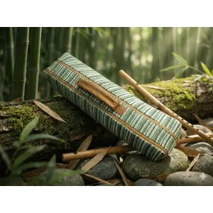 Eco-Friendly Cotton & AF Leather Flute Bag - Green Bansuri Carry Case with 2 Compartments (46cm) - Made in Nepal
