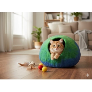 Eco-Friendly Cotton-Felt Cozy Cat Bed with Blue & Green Accents