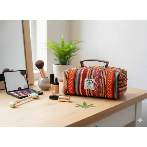 Eco Luxury Cotton Mix Mini Cosmetic Bag – Handmade in Nepal with AF Leather Strap - Image 4