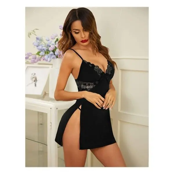 Elegant Cotton Nightgown Lingerie Dress with Slit Detail for Women - Free Size Navy Black - Image 2