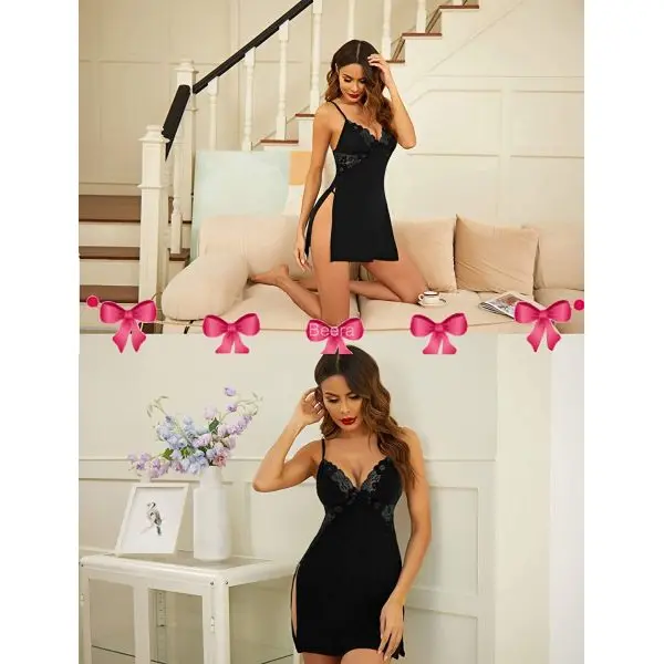 Elegant Cotton Nightgown Lingerie Dress with Slit Detail for Women - Free Size Navy Black - Image 4
