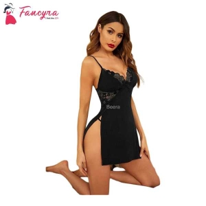 Elegant Cotton Nightgown Lingerie Dress with Slit Detail for Women - Free Size Navy Black