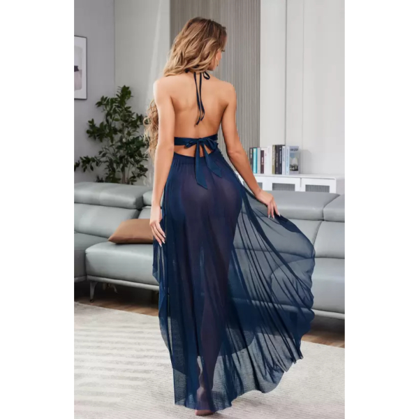 Elegant Lace Halter Neck Chemise with Sheer Mesh Gown, V-Neck Nightwear Lingerie - Image 4