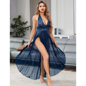 Elegant Lace Halter Neck Chemise with Sheer Mesh Gown
