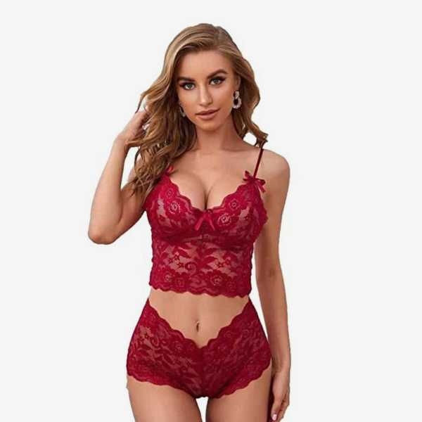 Elegant Maroon Lace Lingerie Set for Women - Comfortable Free Size Bra & Panty - New - Image 2
