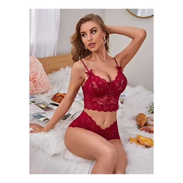 Elegant Maroon Lace Lingerie Set for Women - Comfortable Free Size Bra & Panty - New - Image 3