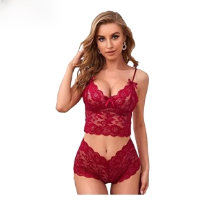 Elegant Maroon Lace Lingerie Set for Women - Comfortable Free Size Bra & Panty - New