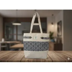 Elegant Nepali Hemp Cotton Shoulder Bag with Geometric Pattern and Zipper Closure
