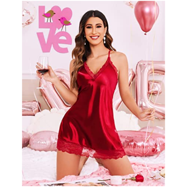 Elegant Satin Lace Chemise Nightgown for Women Sleepwear Lingerie in Red, New - Image 4