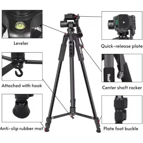 Extendable 180 Degrees Tilt Handle Carbon Fiber Camera Tripod Extendable Tripod Lightweight Aluminum Camera and Mobile Phone Tripod Outdoor Live Selfie Camera Phone Floor Stand Outdoor Live Selfie Camera Phone Floor Stand For DSLR Camera - Image 3