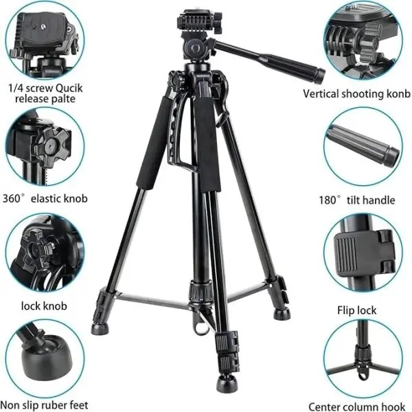 Extendable 180 Degrees Tilt Handle Carbon Fiber Camera Tripod Extendable Tripod Lightweight Aluminum Camera and Mobile Phone Tripod Outdoor Live Selfie Camera Phone Floor Stand Outdoor Live Selfie Camera Phone Floor Stand For DSLR Camera - Image 5