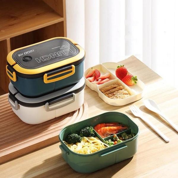 1200ml Lunch Bento Box Foldable Handle Double Layers 2 Tiers with Spoon and Fork - Image 2