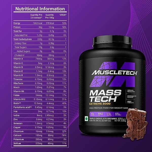 Muscletech Masstech Extreme 2000 Mass Gainer Triple Chocolate Browmnie 3Kg - Image 2