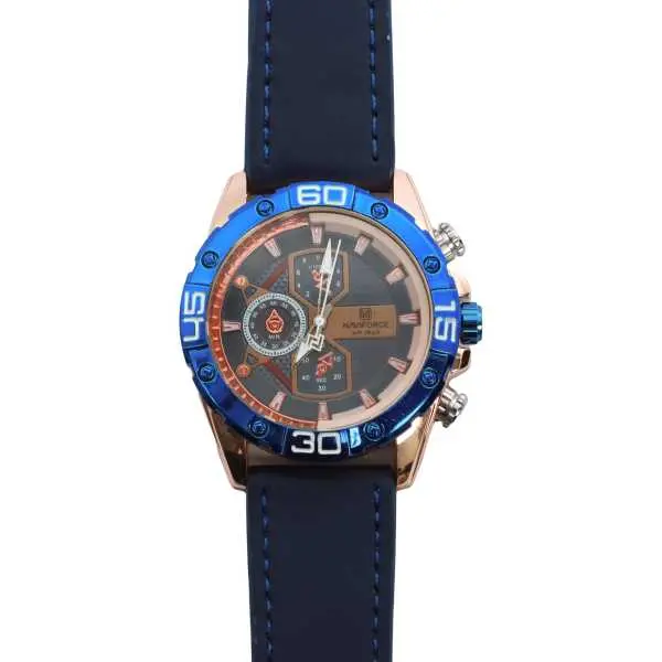 Blue And Golden Color Unisex Dial Casual Blue Leather Strap Watch - Image 3