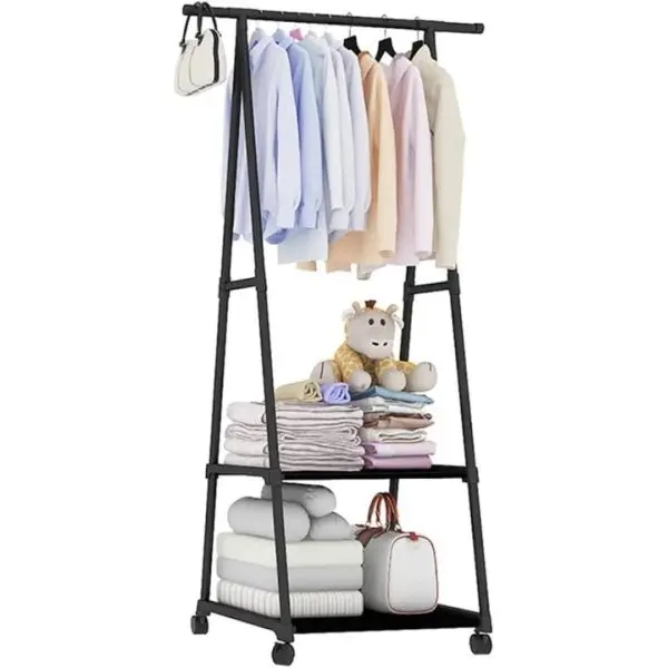 Multifunction Clothes Triangle Coat Rack Removable Bedroom Rack With Wheels - Black - Image 2