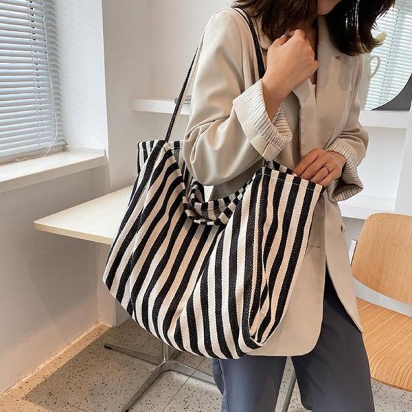 KOJA Striped Bag Big Canvas Tote Bag for Women Summer Beach Classical Fabric Soft Large Handbag - Image 2