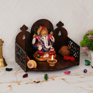 Idol Holder Small Wooden Table And Wall Hanging Puja Murti Stand for Worship Devghar for Home, Cafe, Office or Shop in Brown