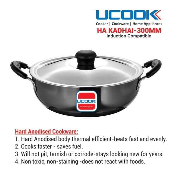UCOOK Hard Anodised Induction Based Steel Lid Deep Kadhai 6 Litres - Image 4