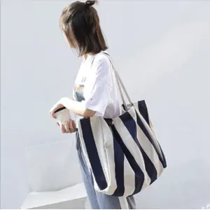 KOJA Striped Bag Big Canvas Tote Bag for Women Summer Beach Classical Fabric Soft Large Handbag