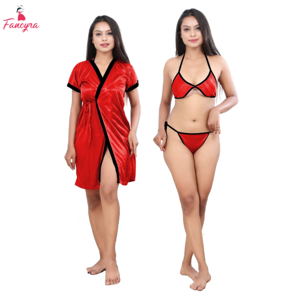 Fancyra 3 Pcs Set Nighty Nightwear Robe with Bikini Set for Women - Image 2