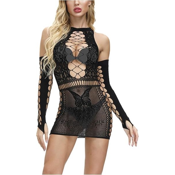 Fancyra Alluring Black Sparkling Fishnet Mini Sheer Lace Lingerie Dress Stocking - Image 4