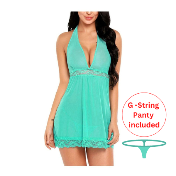 Fancyra Baby Doll Nightwear Lingerie Sleep Dress With G String Panty Free Size Green Color - Image 3