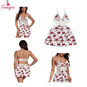 Fancyra Babydoll Floral Sheer Slip Nightdress Lingerie With G String Panty For Women