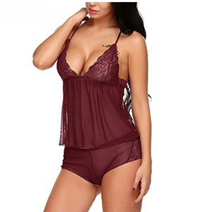 Fancyra Babydoll Lace Net Robe Nightwear Lingerie With Panty Dress For Women Free Size Maroon Color