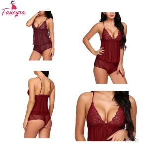 Fancyra Babydoll Lace Net Robe Nightwear Lingerie With Panty Dress For Women Free Size Maroon Color