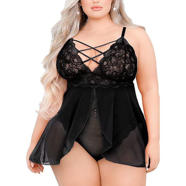 Fancyra Babydoll Lingerie Double Layer Elastic High Waist Teddy Chemise Suspender Floral Lace Combo Nightdress For Women Free Size - Image 2