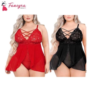 Fancyra Babydoll Lingerie Double Layer Elastic High Waist Teddy Chemise Suspender Floral Lace Combo Nightdress For Women Free Size