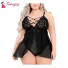 Fancyra Babydoll Lingerie Double Layer Elastic High Waist Teddy Chemise Suspender Floral Lace Nightdress For Women Free Size