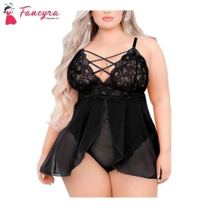 Fancyra Babydoll Lingerie Double Layer Elastic High Waist Teddy Chemise Suspender Floral Lace Nightdress For Women Free Size