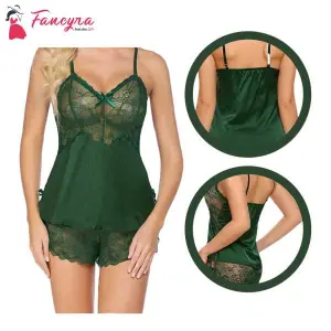 Fancyra Babydoll Lingerie For Honeymoon Nightwear Bridal Nightdress With Panty Free Size Green Color