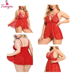 Fancyra Babydoll Lingerie for Women Double Layer Elastic Lace Cups High Waisted Open Fronted Mesh Skirt Teddy Bodysuit