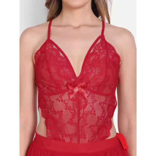 Fancyra Babydoll Lingerie Lace High Split Combo Maxi Long Gown V Neck Mesh Sleepwear For Women Free Size - Image 3