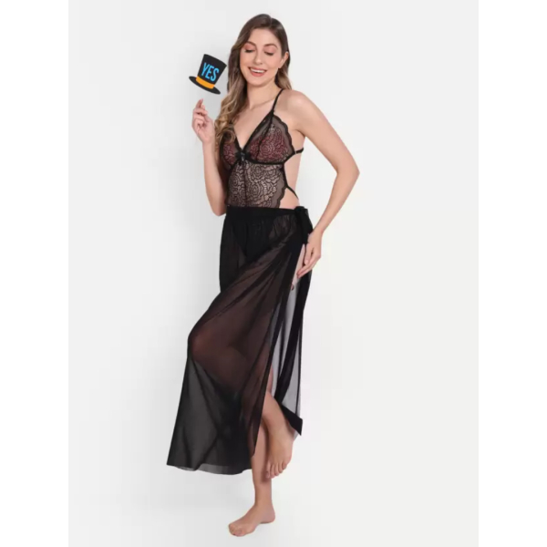 Fancyra Babydoll Lingerie Lace High Split Combo Maxi Long Gown V Neck Mesh Sleepwear For Women Free Size - Image 4
