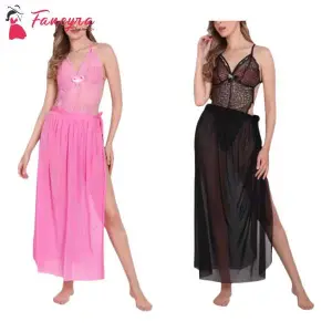 Fancyra Babydoll Lingerie Lace High Split Combo Maxi Long Gown V Neck Mesh Sleepwear For Women Free Size