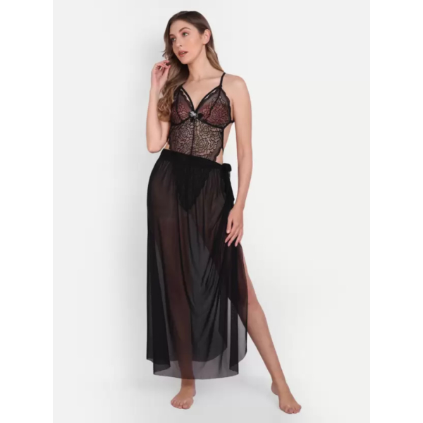 Fancyra Babydoll Lingerie Lace High Split Combo Maxi Long Gown V Neck Mesh Sleepwear For Women Free Size - Image 5