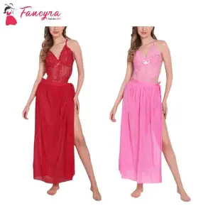 Fancyra Babydoll Lingerie Lace High Split Combo Maxi Long Gown V Neck Mesh Sleepwear For Women Free Size