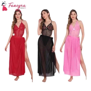 Fancyra Babydoll Lingerie Lace High Split Combo Maxi Long Gown V Neck Mesh Sleepwear For Women Free Size