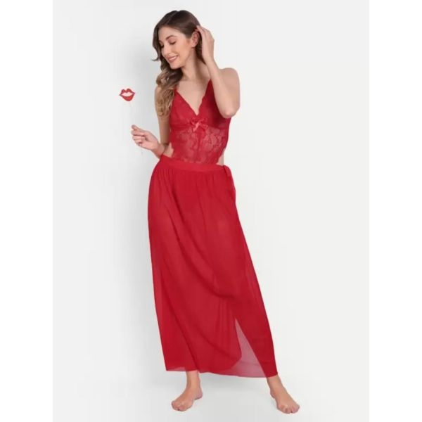 Fancyra Babydoll Lingerie Lace High Split Maxi Long Gown V Neck Mesh Sleepwear For Women Free Size - Image 3