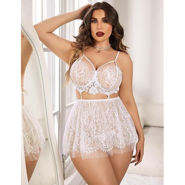 Fancyra Babydoll Lingerie Lace Mesh Nightwear Chemise Nighty For Women - Image 4