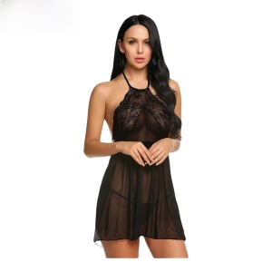 Fancyra Babydoll Lingerie Sheer Mesh And Lace Solid Nightwear With G String Panty Free Size