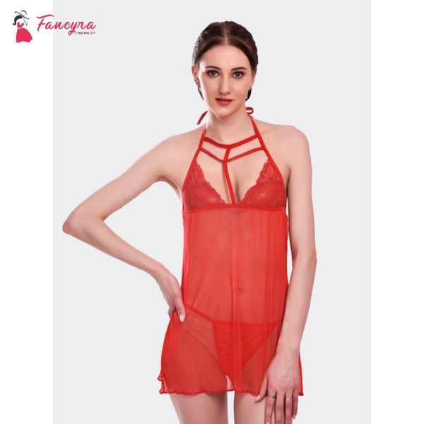 Fancyra Babydoll Net Lingerie Nightwear with G String Panty Free Size Red Color - Image 2
