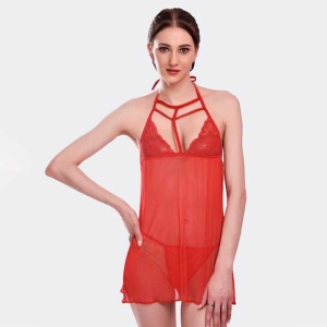 Fancyra Babydoll Net Lingerie Nightwear with G String Panty Free Size Red Color