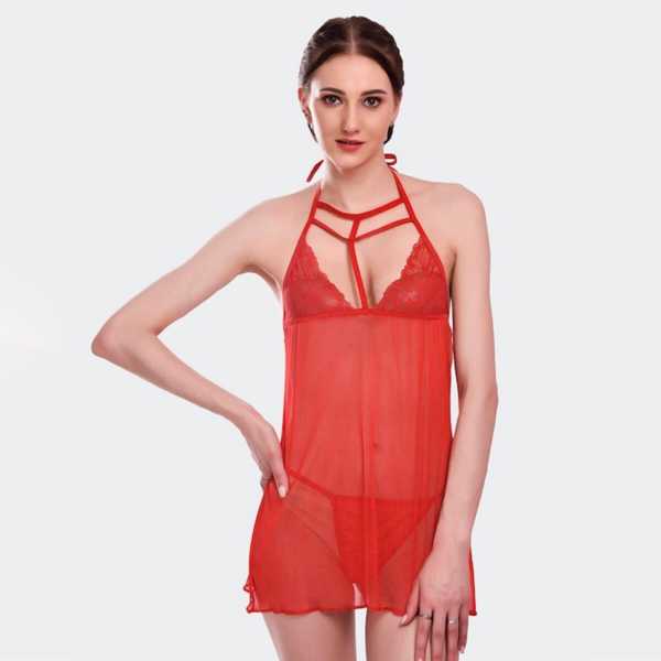 Fancyra Babydoll Net Lingerie Nightwear with G String Panty Free Size Red Color