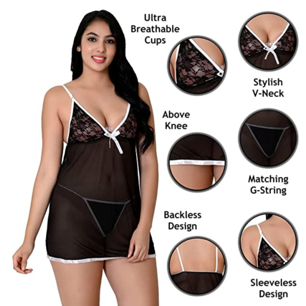 Fancyra Babydoll Nightwear Above Knee Net Lace Transparent Lingerie Free Size - Image 2